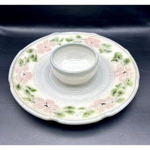 Unique Handmade Artist Signed Pottery Large Chip & Dip Platter w/attached Bowl